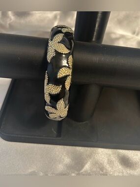 Black Resin Bangle with Gold Leaf Accents - Women Jewelry